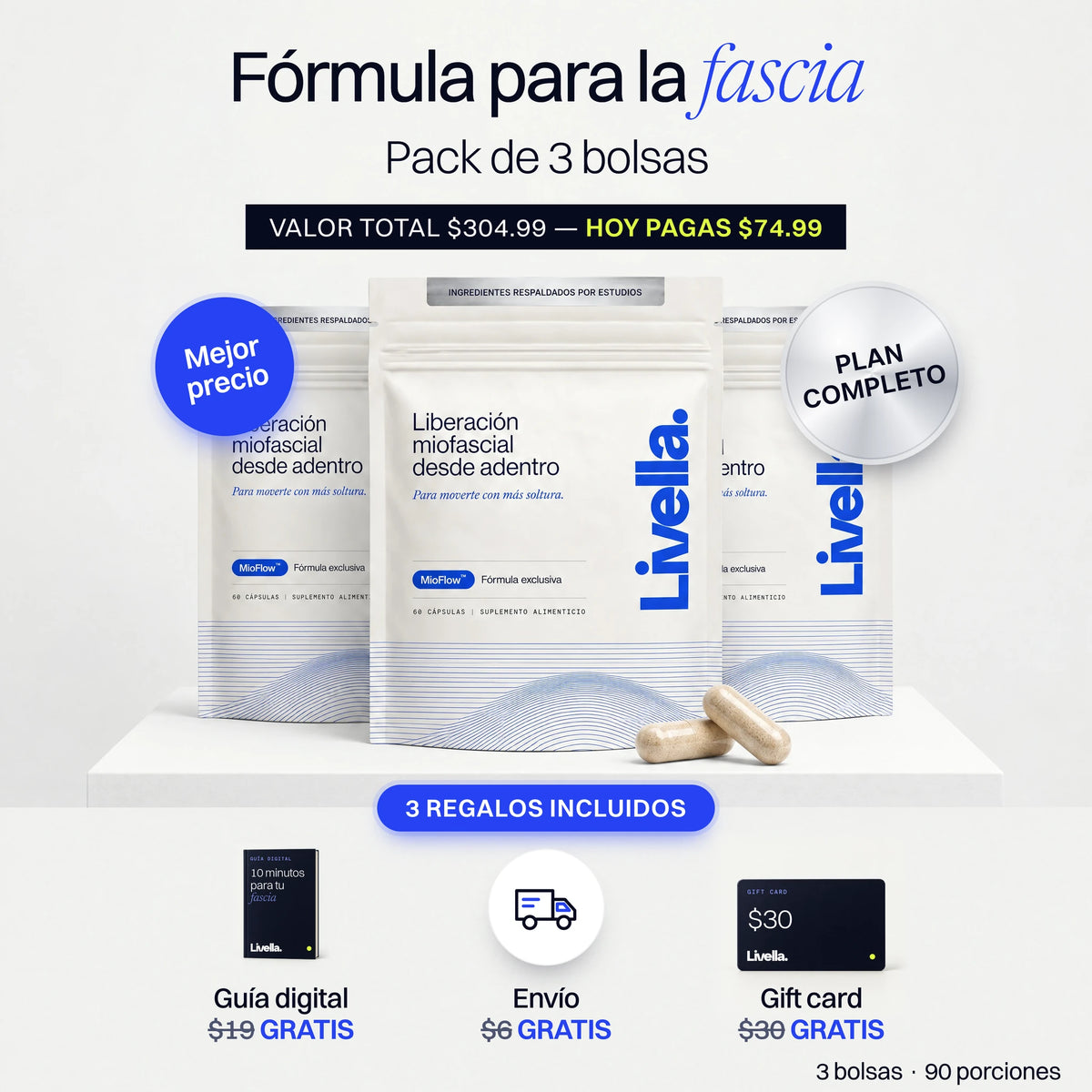 Pack de 3 bolsas con guía digital, gift card de $30 y envío gratis
